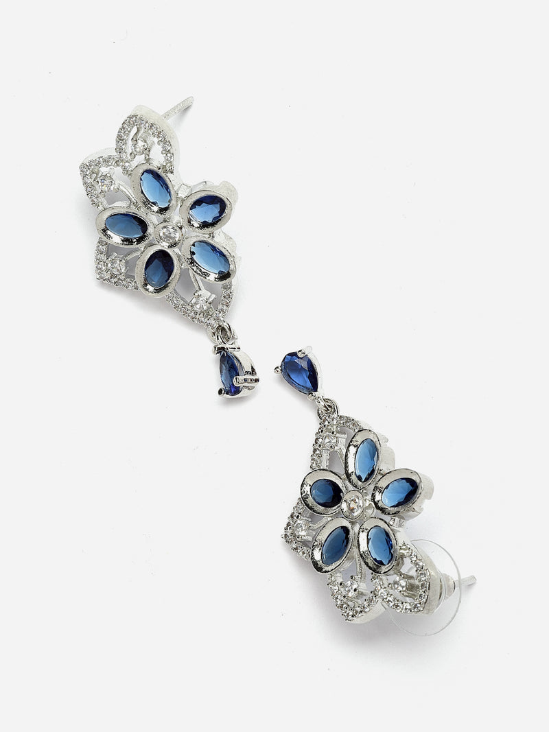 Rhodium-Plated Navy Blue American Diamond Studded Floral & Paisley Shaped Necklace with Earrings Jewellery Set