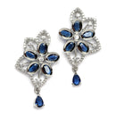 Rhodium-Plated Navy Blue American Diamond Studded Floral & Paisley Shaped Necklace with Earrings Jewellery Set