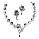 Rhodium-Plated Navy Blue American Diamond Studded Floral & Paisley Shaped Necklace with Earrings Jewellery Set