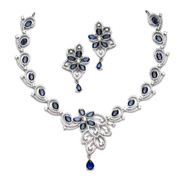 Rhodium-Plated Navy Blue American Diamond Studded Floral & Paisley Shaped Necklace with Earrings Jewellery Set