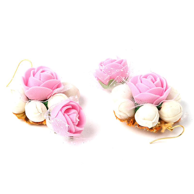 Gold-Plated Pink & White Pearl Gota Patti Flower Jewellery Set Combo ( Haldi, Mehndi, Bridal Shower )