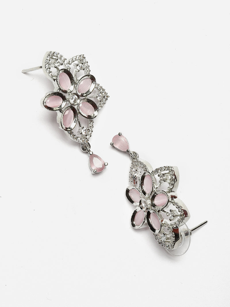 Rhodium-Plated Pink American Diamond Studded Floral & Paisley Shaped Necklace with Earrings Jewellery Set