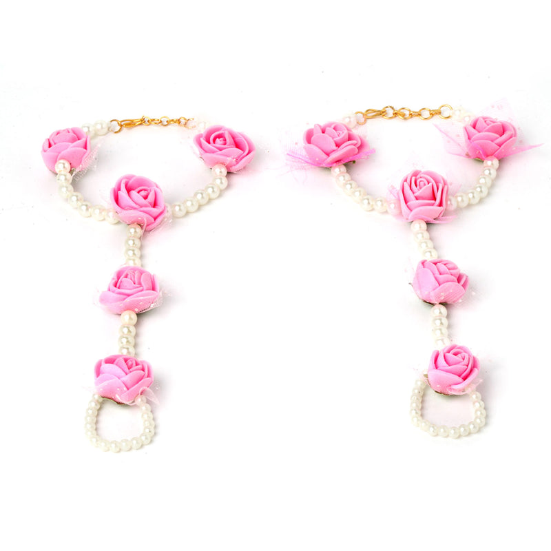 Gold-Plated Pink & White Pearl Gota Patti Flower Jewellery Set Combo ( Haldi, Mehndi, Bridal Shower )