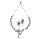 Rhodium-Plated Pink American Diamond Studded Floral & Paisley Shaped Necklace with Earrings Jewellery Set