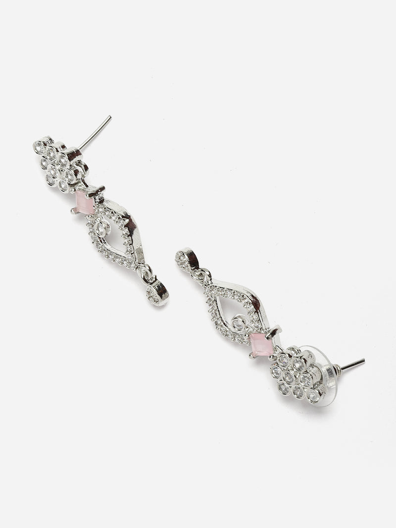 Rhodium-Plated Pink American Diamond Studded Floral & Leaf Shaped Necklace with Earrings Jewellery Set