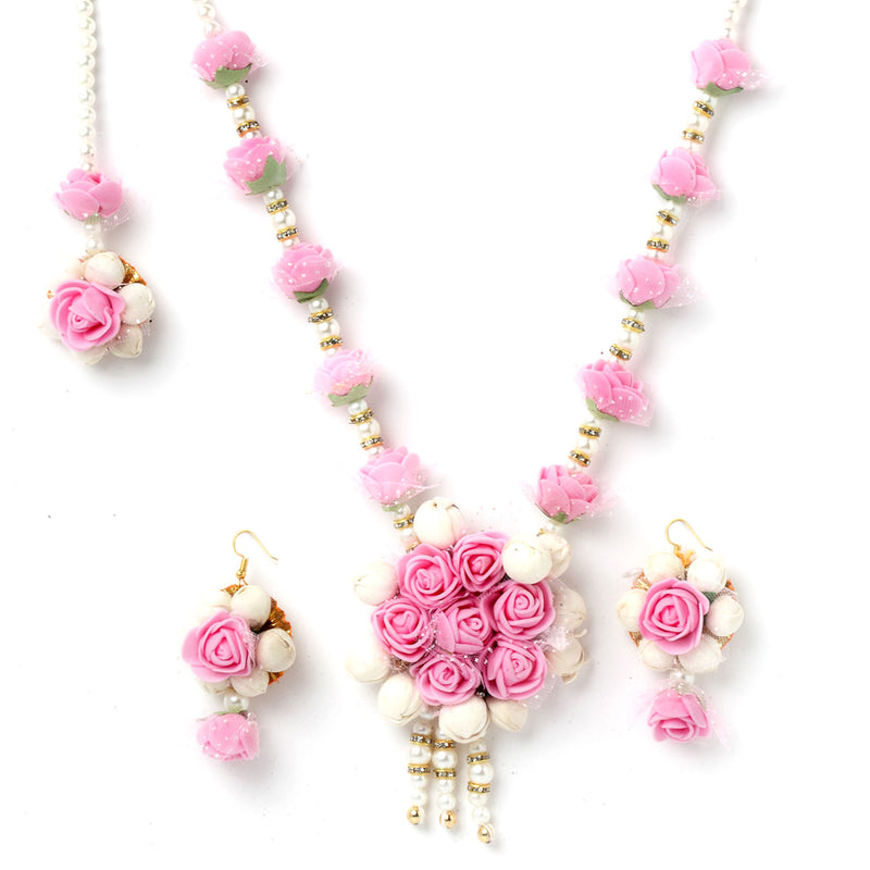 Gold-Plated Pink & White Pearl Gota Patti Flower Jewellery Set Combo ( Haldi, Mehndi, Bridal Shower )