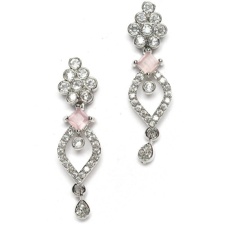 Rhodium-Plated Pink American Diamond Studded Floral & Leaf Shaped Necklace with Earrings Jewellery Set