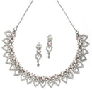 Rhodium-Plated Pink American Diamond Studded Floral & Leaf Shaped Necklace with Earrings Jewellery Set