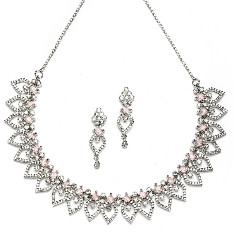 Rhodium-Plated Pink American Diamond Studded Floral & Leaf Shaped Necklace with Earrings Jewellery Set