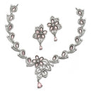 Rhodium-Plated Pink American Diamond Studded Floral & Paisley Shaped Necklace with Earrings Jewellery Set