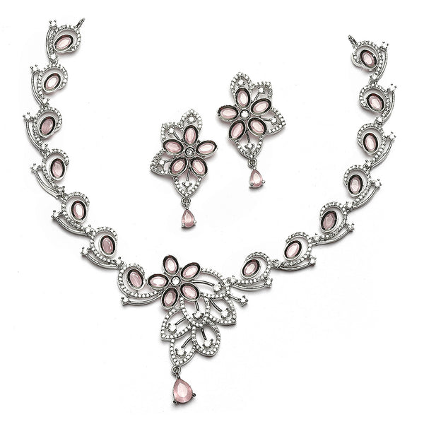Rhodium-Plated Pink American Diamond Studded Floral & Paisley Shaped Necklace with Earrings Jewellery Set