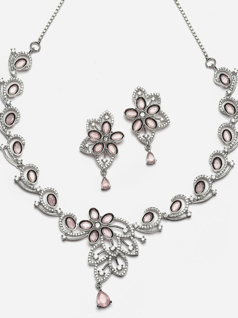 Rhodium-Plated Pink American Diamond Studded Floral & Paisley Shaped Necklace with Earrings Jewellery Set