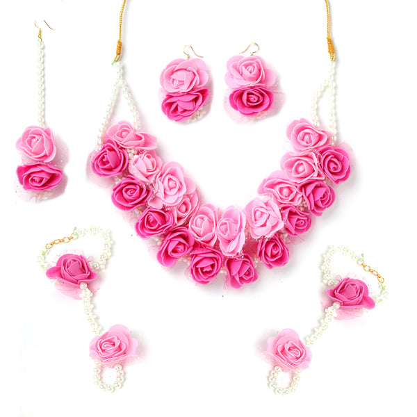 Pink & White Gold-Plated Pearl Gota Patti Flower Jewellery Set Combo
