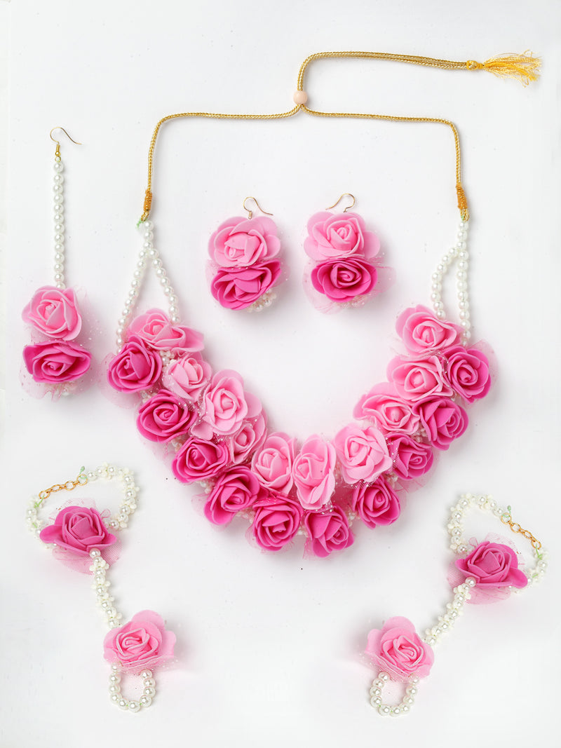 Pink & White Gold-Plated Pearl Gota Patti Flower Jewellery Set Combo