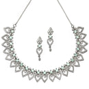 Rhodium-Plated Sea Green American Diamond Studded Floral & Leaf Shaped Necklace with Earrings Jewellery Set