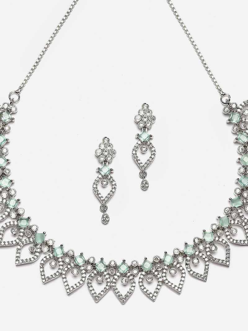 Rhodium-Plated Sea Green American Diamond Studded Floral & Leaf Shaped Necklace with Earrings Jewellery Set