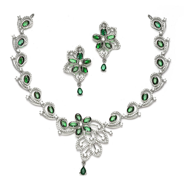 Rhodium-Plated Green American Diamond Studded Floral & Paisley Shaped Necklace with Earrings Jewellery Set