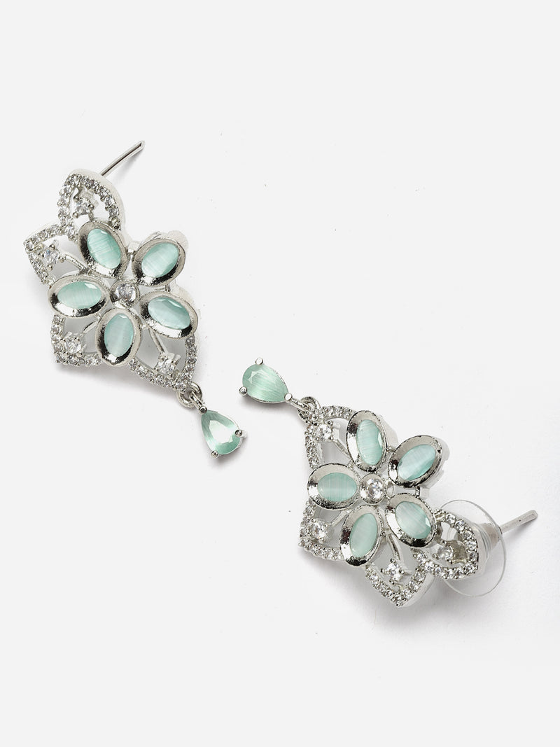 Rhodium-Plated Sea Green American Diamond Studded Floral & Paisley Shaped Necklace with Earrings Jewellery Set