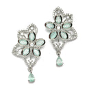 Rhodium-Plated Sea Green American Diamond Studded Floral & Paisley Shaped Necklace with Earrings Jewellery Set