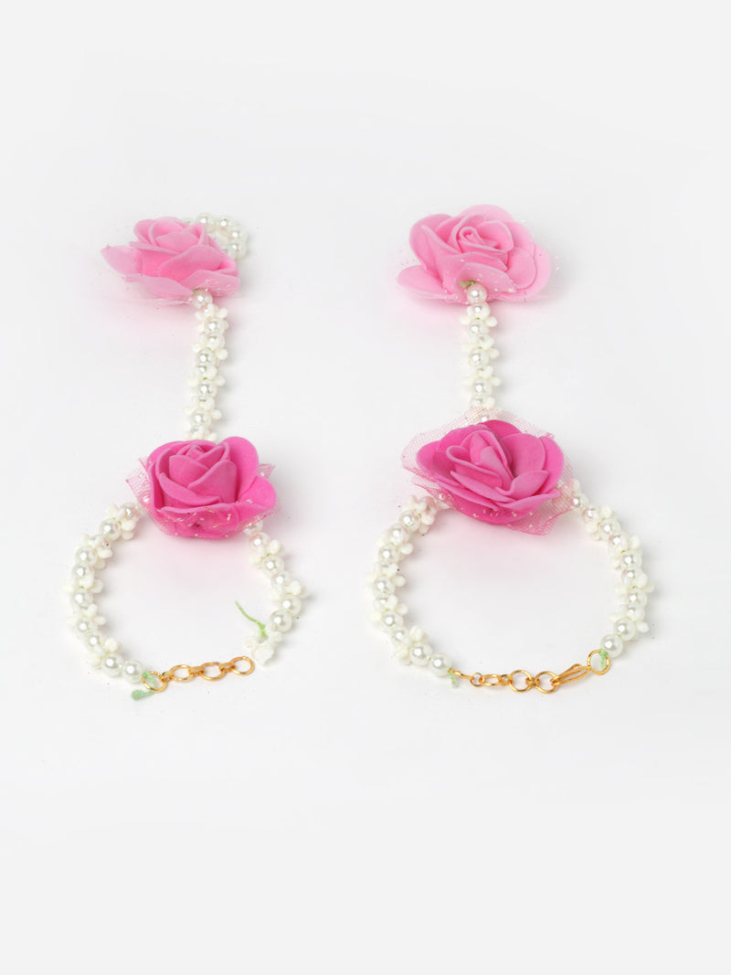 Pink & White Gold-Plated Pearl Gota Patti Flower Jewellery Set Combo