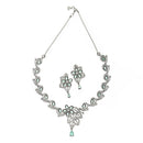 Rhodium-Plated Sea Green American Diamond Studded Floral & Paisley Shaped Necklace with Earrings Jewellery Set