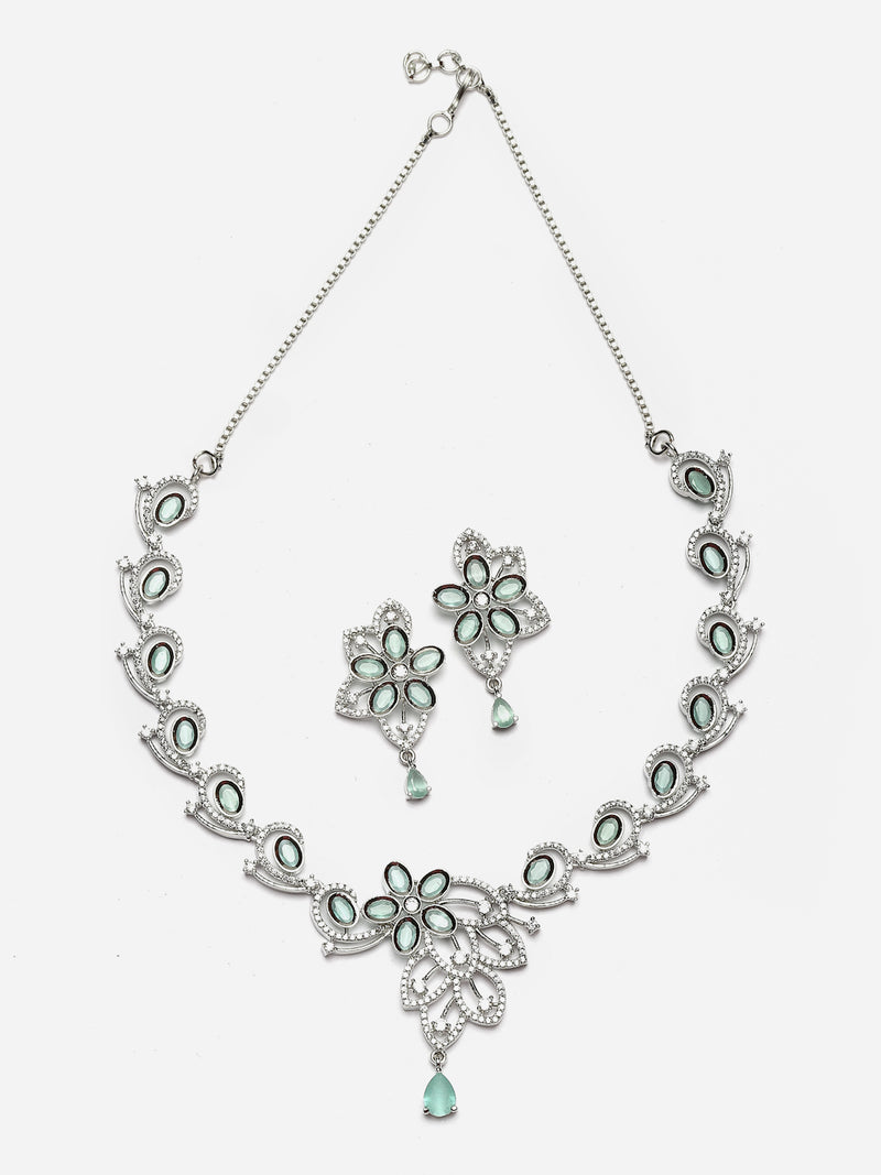 Rhodium-Plated Sea Green American Diamond Studded Floral & Paisley Shaped Necklace with Earrings Jewellery Set