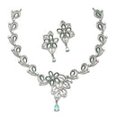 Rhodium-Plated Sea Green American Diamond Studded Floral & Paisley Shaped Necklace with Earrings Jewellery Set