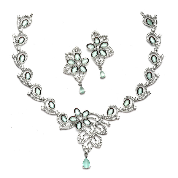 Rhodium-Plated Sea Green American Diamond Studded Floral & Paisley Shaped Necklace with Earrings Jewellery Set