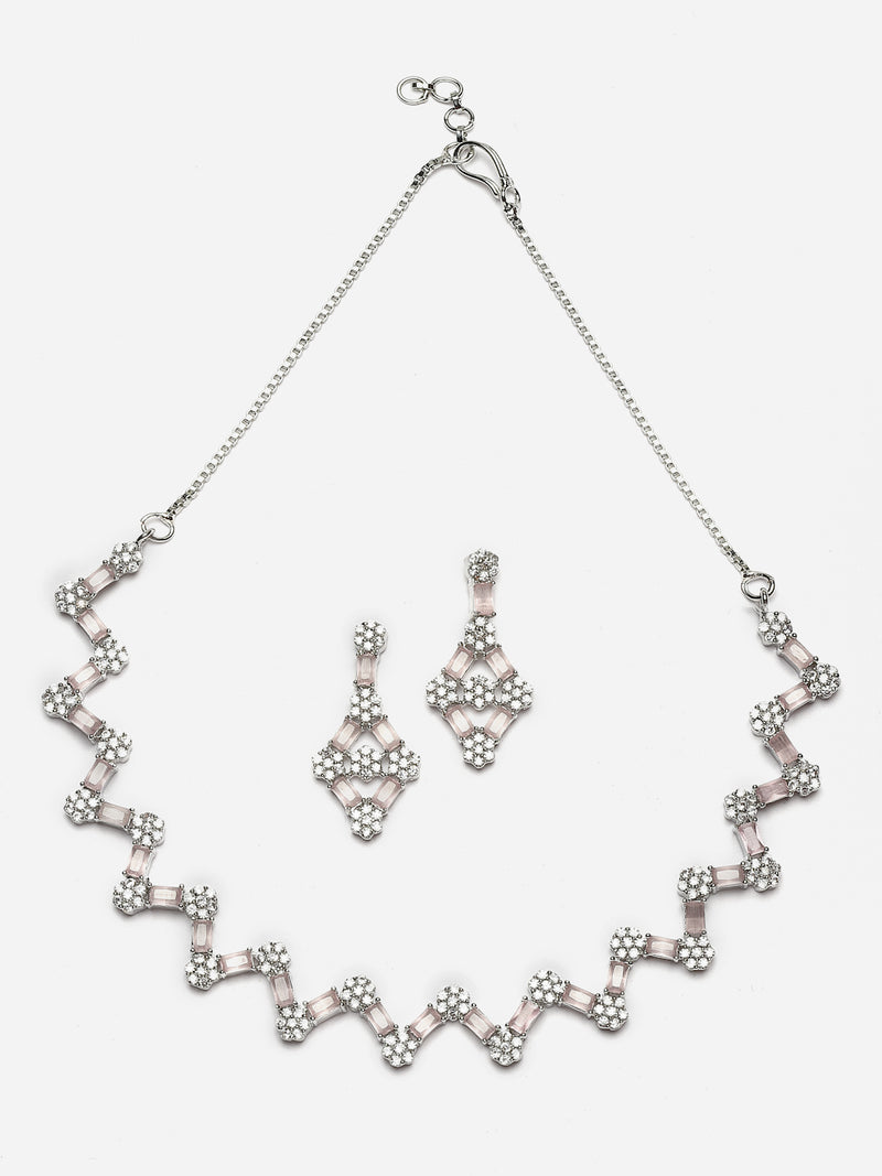 Rhodium-Plated Pink American Diamond Studded Necklace With Earrings Jewellery Set