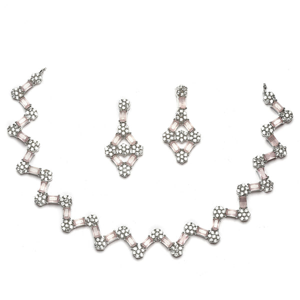 Rhodium-Plated Pink American Diamond Studded Necklace With Earrings Jewellery Set