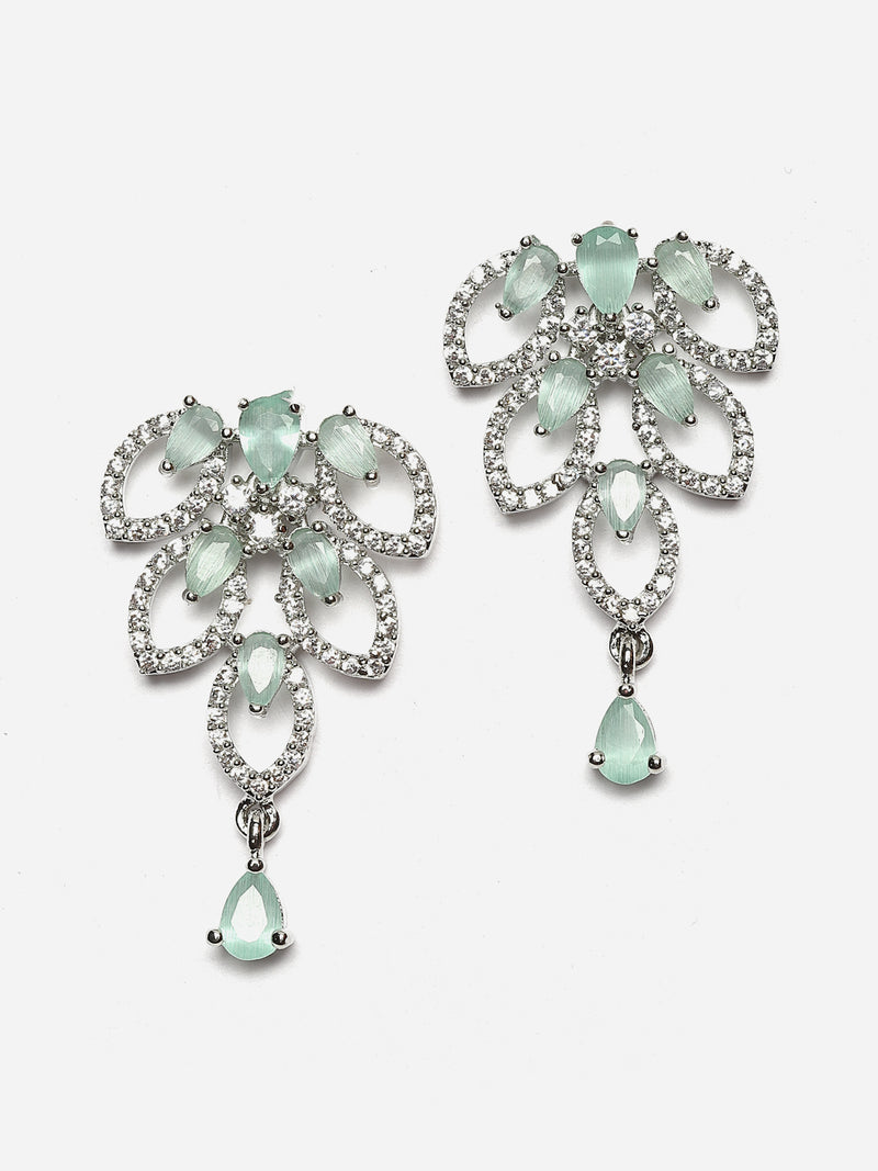 Rhodium-Plated Sea Green American Diamond Studded Leaf Shaped Necklace with Earrings Jewellery Set