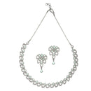 Rhodium-Plated Sea Green American Diamond Studded Leaf Shaped Necklace with Earrings Jewellery Set