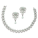 Rhodium-Plated Sea Green American Diamond Studded Leaf Shaped Necklace with Earrings Jewellery Set