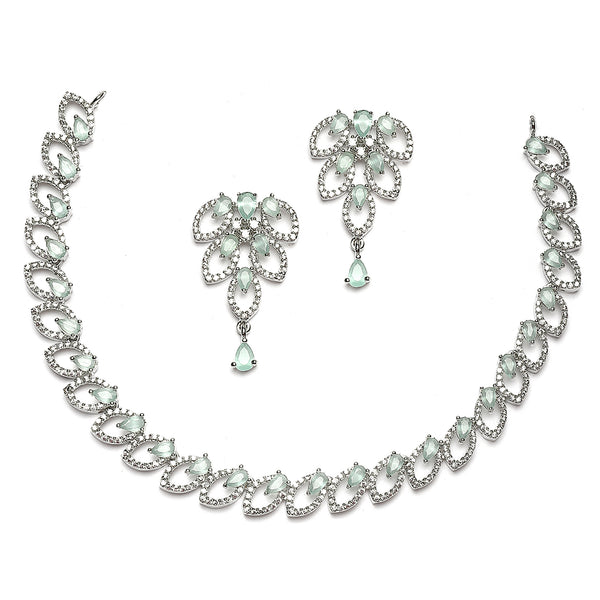 Rhodium-Plated Sea Green American Diamond Studded Leaf Shaped Necklace with Earrings Jewellery Set