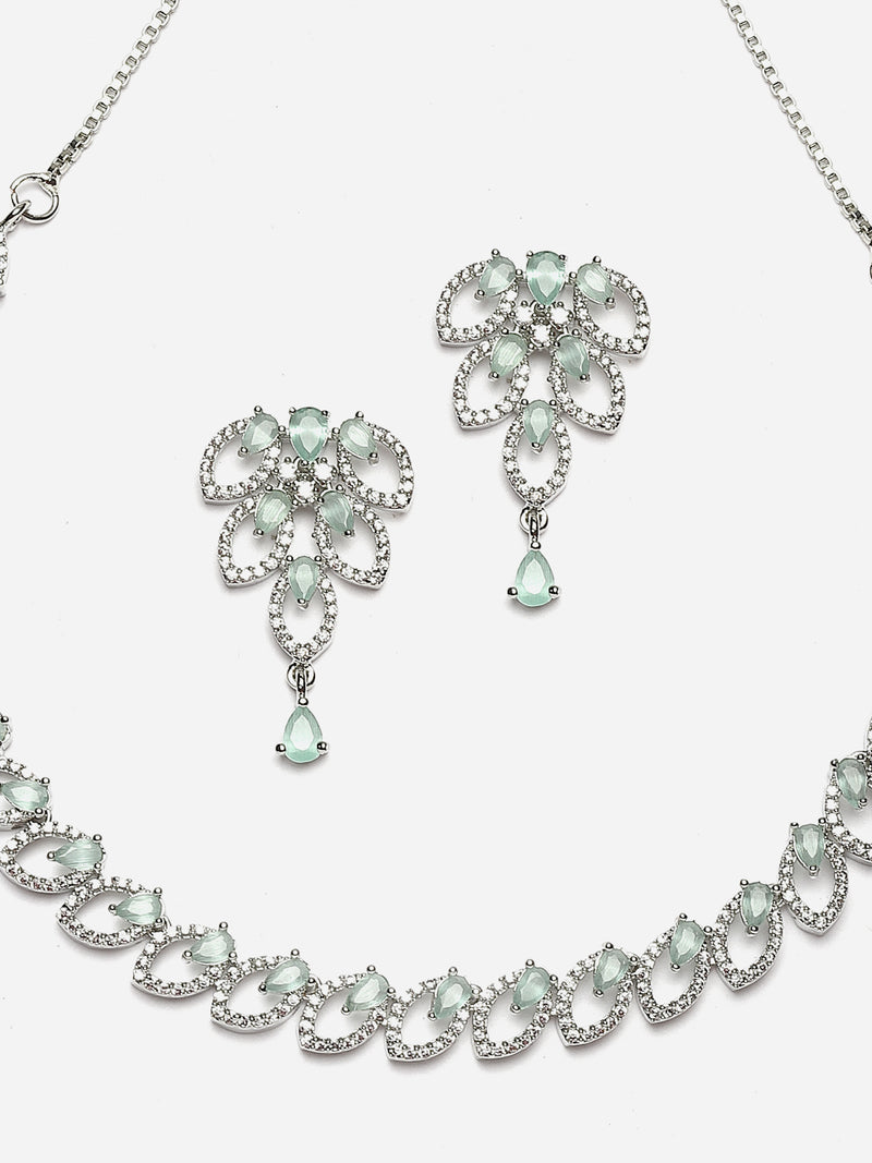 Rhodium-Plated Sea Green American Diamond Studded Leaf Shaped Necklace with Earrings Jewellery Set