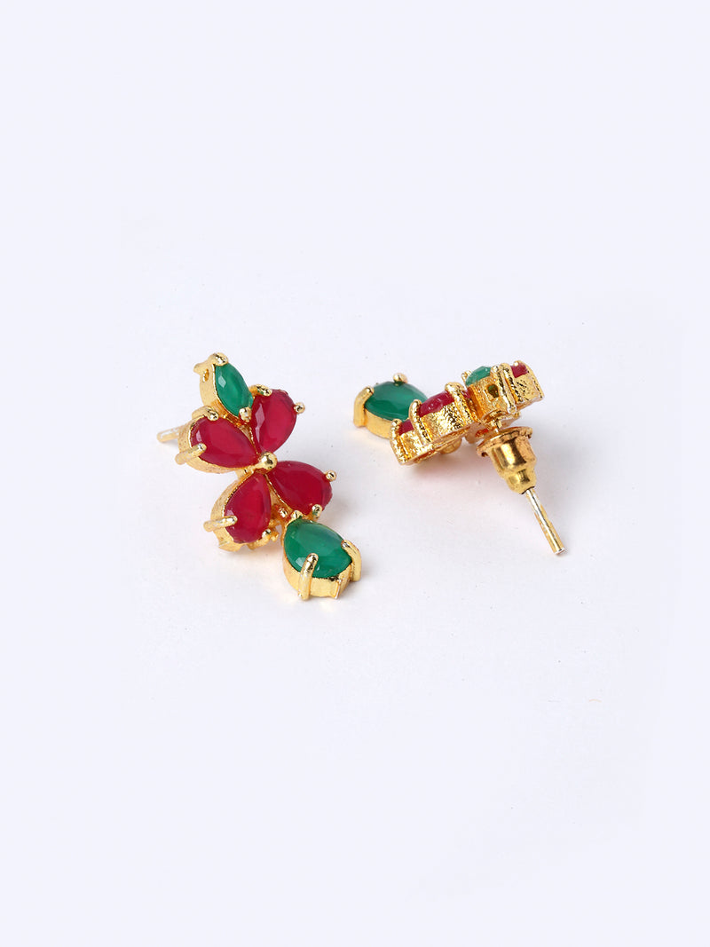Flower Shaped Green & Red Gold Plated American Diamond Studded Jewellery Set Combo
