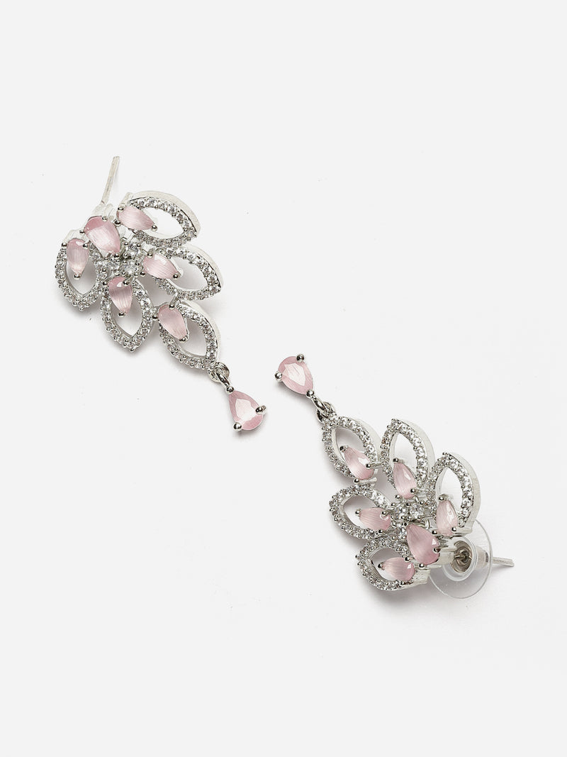 Rhodium-Plated Pink American Diamond Studded Leaf Shaped Necklace with Earrings Jewellery Set