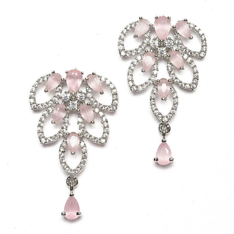 Rhodium-Plated Pink American Diamond Studded Leaf Shaped Necklace with Earrings Jewellery Set