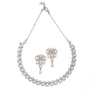 Rhodium-Plated Pink American Diamond Studded Leaf Shaped Necklace with Earrings Jewellery Set