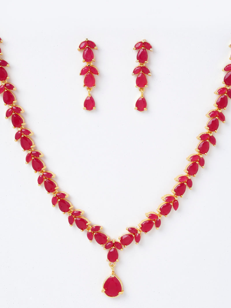 Stylish Temple Gold-Plated Red American Diamond-Studded Jewellery Set