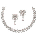 Rhodium-Plated Pink American Diamond Studded Leaf Shaped Necklace with Earrings Jewellery Set