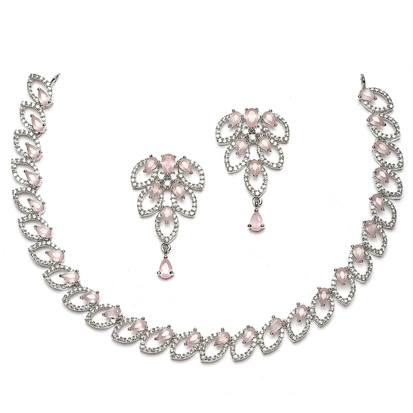 Rhodium-Plated Pink American Diamond Studded Leaf Shaped Necklace with Earrings Jewellery Set