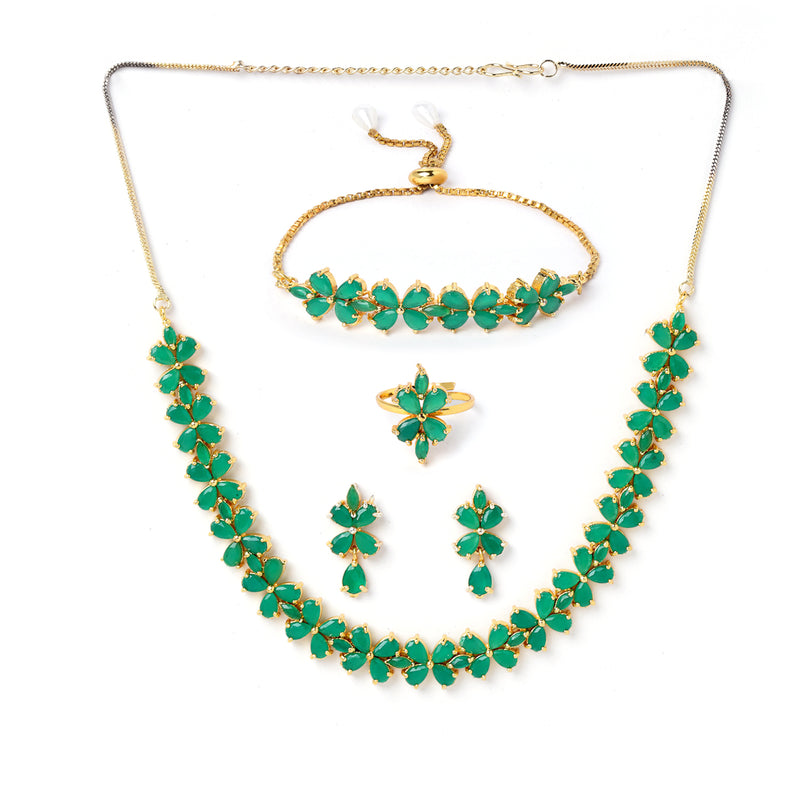 Flower Shaped Green & Gold Plated American Diamond Studded Handcrafted Jewellery Set Combo