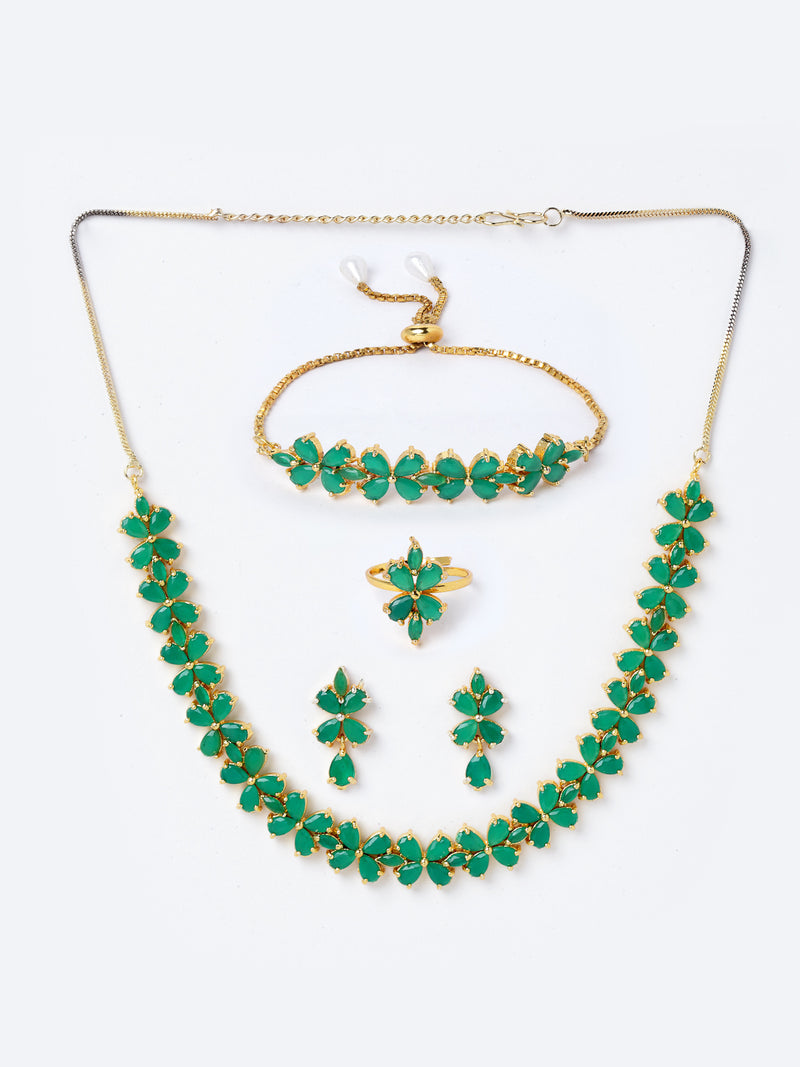 Flower Shaped Green & Gold Plated American Diamond Studded Handcrafted Jewellery Set Combo