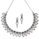 Rhodium-Plated Navy Blue American Diamond Studded Floral & Leaf Shaped Necklace with Earrings Jewellery Set
