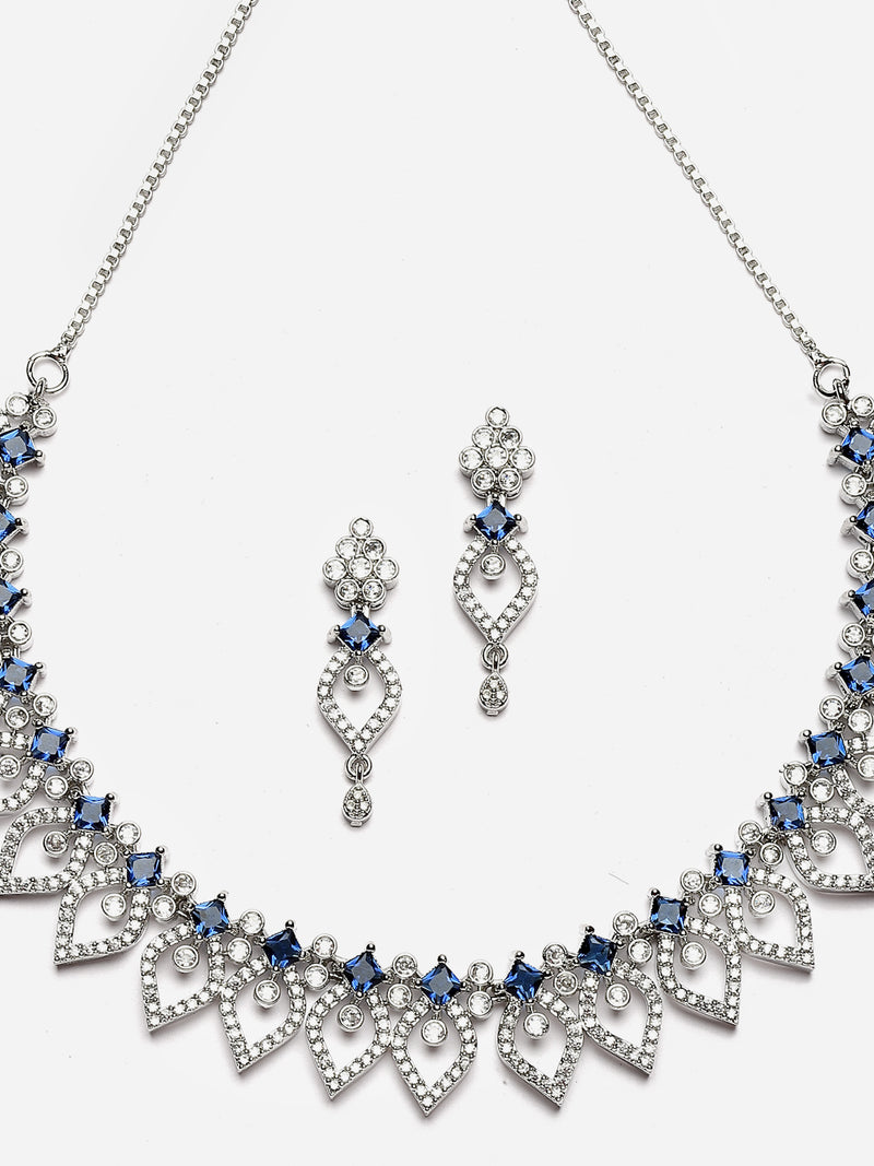 Rhodium-Plated Navy Blue American Diamond Studded Floral & Leaf Shaped Necklace with Earrings Jewellery Set