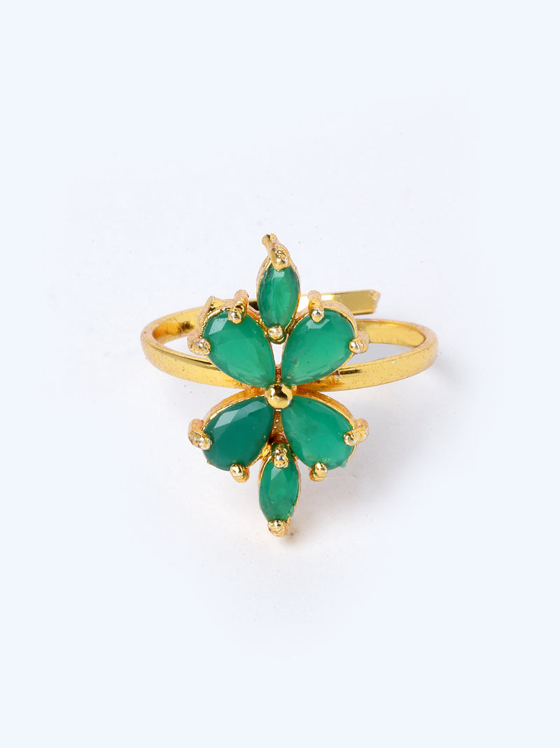 Flower Shaped Green & Gold Plated American Diamond Studded Handcrafted Jewellery Set Combo