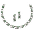Rhodium Plated Leafy Motif Sea Green American Diamond Ethnic Necklace Jewellery Set