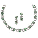 Rhodium-Plated American Diamond Studded Leaf & Circular Shaped Necklace With Earrings Set