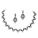 Rhodium-Plated Navy Blue American Diamond Studded Necklace With Earrings Jewellery Set